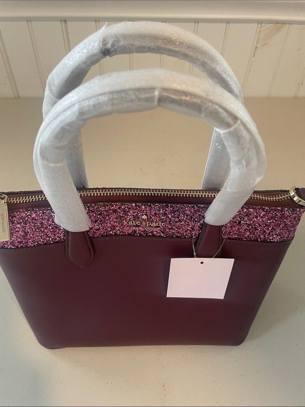 kate spade Burgundy Leather Satchel with Pink Glitter Trim